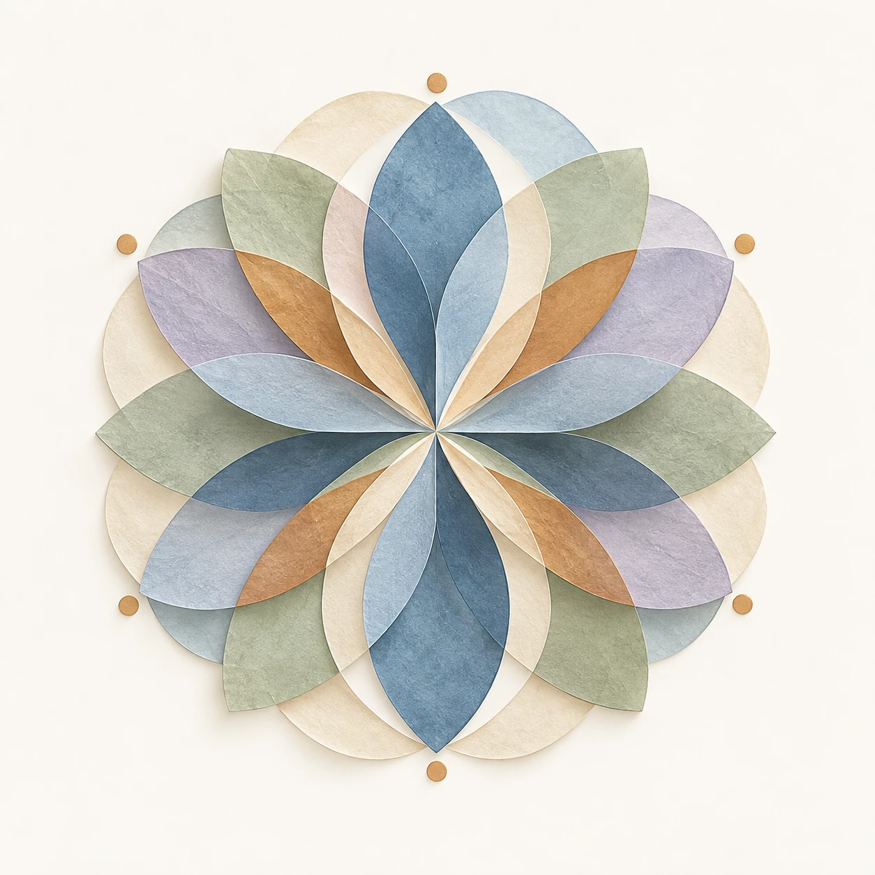 Overlapping paper petals in blue, sage and lavender, representing connection.