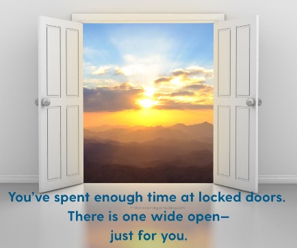 An open window overlooking a sunset, with a reflection about leaving locked doors behind